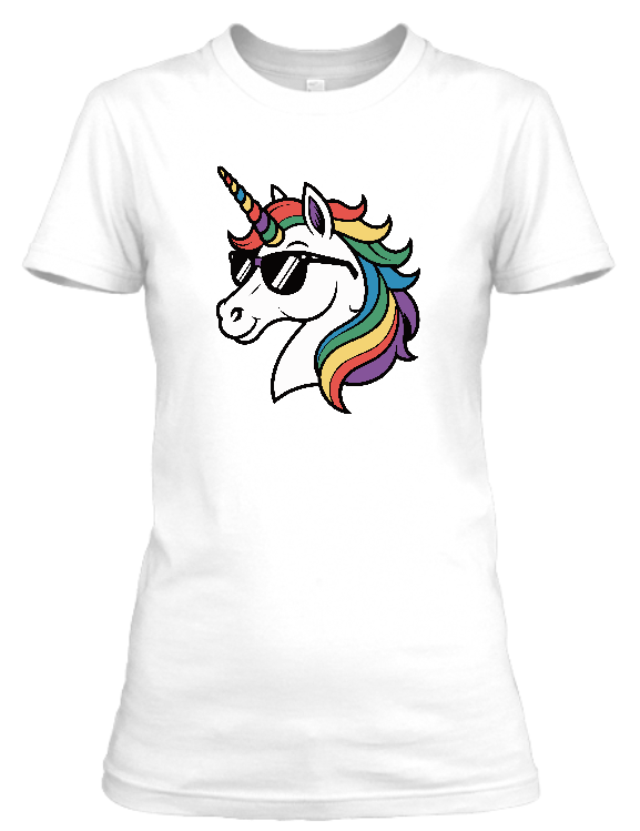 Koszulka damska tshirt Bavenna „Cool galaxy unicorn” z głową jednorożca z kolorową grzywą i w okularach przeciwsłonecznych