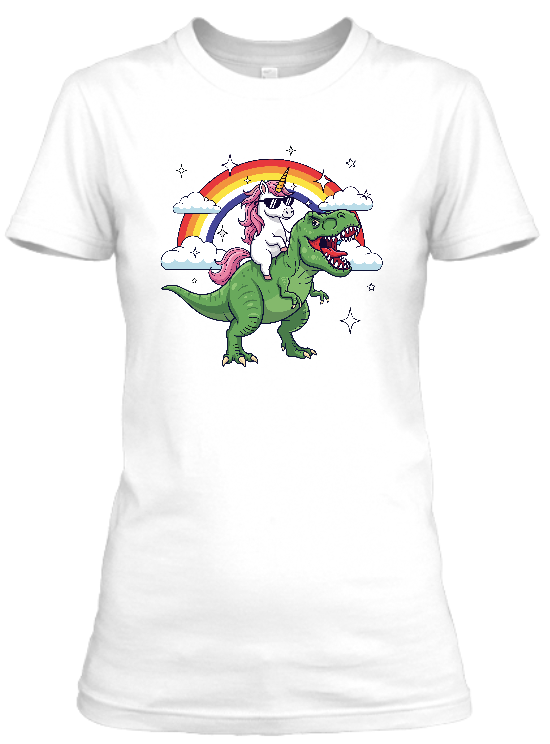 Koszulka damska bawełniana Bavenna „Epic ride unicorn” z jednorożcem jeżdżacym na t-rexie z tęczą i chmurami w tle