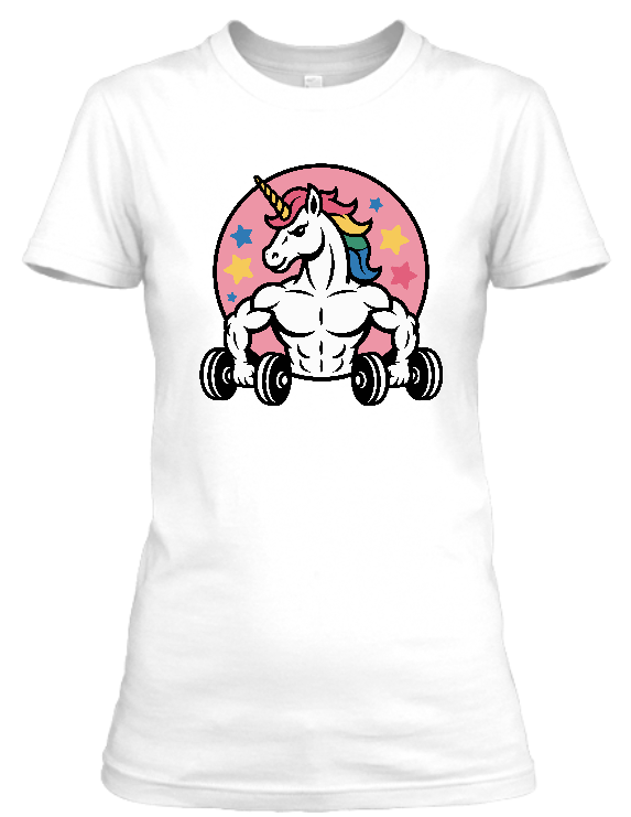 Koszulka damska Bavenna „Gym beats unicorn” z jednorożcem z widocznymi mięśniami i hantlami w rękach w różowym z gwiadkami tle