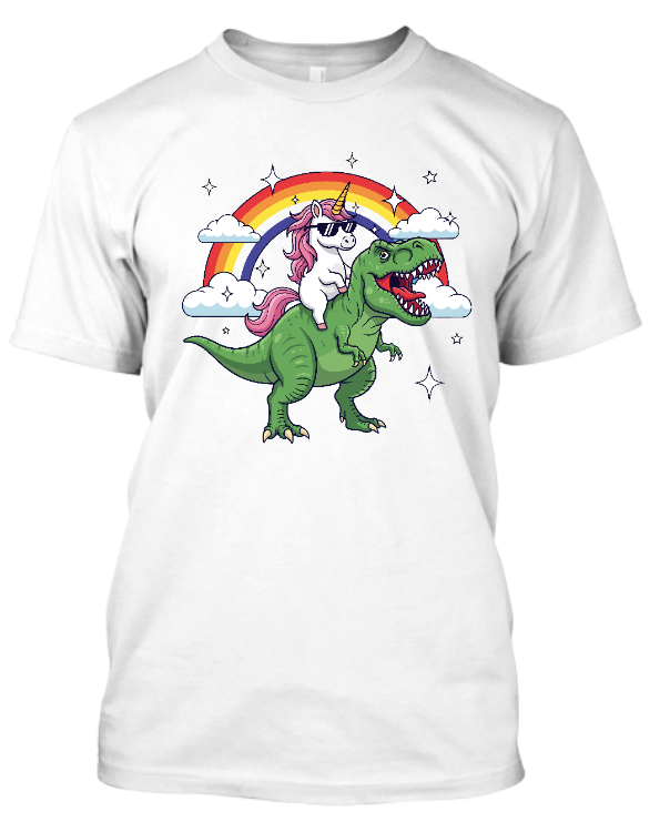 Koszulka dziecięca Bavenna  „Epic ride unicorn” epicki jednorożec w okularach przeciwsłonecznych jeździ na dinozaurze t-rexie