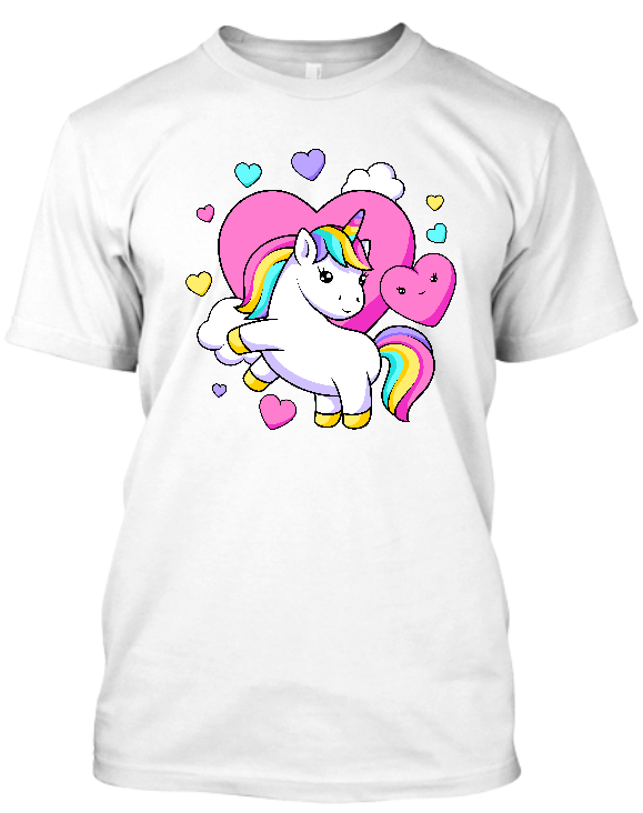 Koszulka dziecięca Bavenna „Lovely unicorn” z wesołym jednorożcem w  kolorowych  włosach,  z kolorowym ogonem oraz serduszkami i chmurką w tle