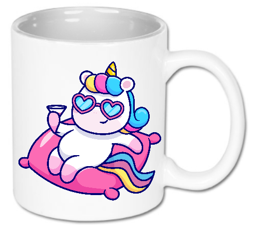 Kubek ceramiczny biały Bavenna 330ml „Chillout Unicorn” z wyluzowanym jednorożcem w okularach z drinkiem na różowym pontonie