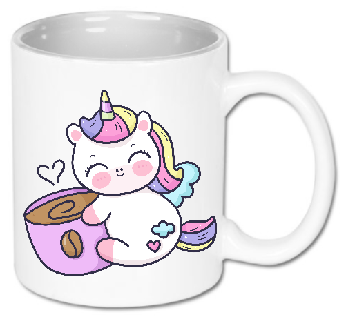 Kubek ceramiczny biały 330 ml Bavenna „Coffee hug unicorn” z kolorowym uśmiechniętym jednorożcem przytulającym kubek pysznej kawy
