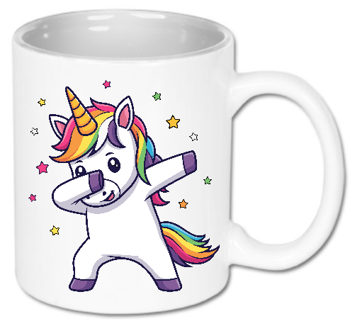 Kubek ceramiczny biały 330ml Bavenna „Dabbing unicorn” z tańczącym jednorożcem otoczonym kolorowymi gwiazdkami wokół siebie