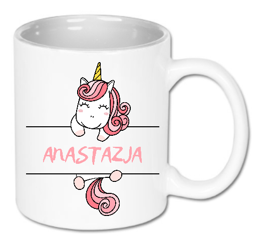 Kubek ceramiczny biały 330 ml Bavenna „Magic unicorn” z uśmiechniętym jednorożcem zawieszonym na tabliczce z możliwością personalizacji