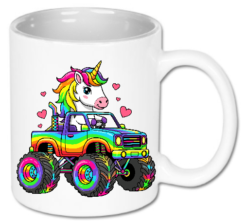Kubek ceramiczny biały 330 ml Bavenna  „Rainbow monster unicorn” z jednorożcem jeżdżącym tęczowym kolorowym monster truckiem oraz serduszkami w tle
