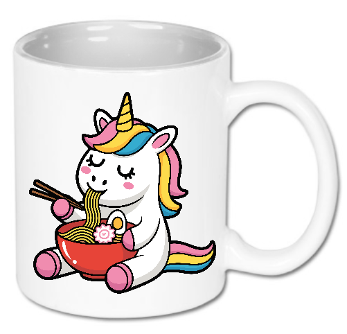 Kubek ceramiczny biały 330 ml Bavenna „Ramen lover unicorn” z nadrukiem jednorożca jedzącego azjatycką potrawę  jaką  jest ramen