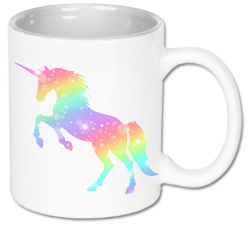 Kubek ceramiczny biały 330 ml Bavenna „Stardust Unicorn”  z jednorożcem utworzonym z gwiezdnym pyłem galaktyki w tęczowych barwach