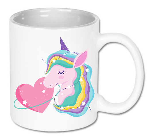 Kubek ceramiczny biały 330 ml Bavenna „Sweet heart unicorn” z głową jednorożca z zamkniętymi oczami, otoczony gwiazdami i serduszkiem w tle
