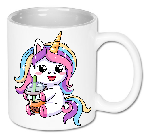 Kubek ceramiczny biały 330 ml Bavenna „Sweetie unicorn bubble tea”  z słodkim kolorowym jednorożcem pijącym bubble tea przez słomkę