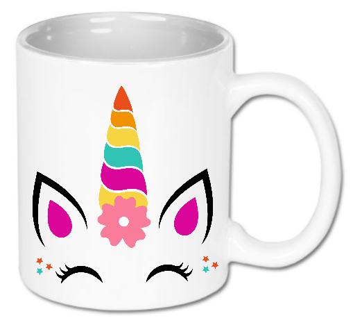 Kubek ceramiczny biały 330 ml Bavenna „Twinkle star unicorn” z radosną twarzą jednorożca, oczkami z rzęsami i kwiatuszkiem przy kolorowym rogu