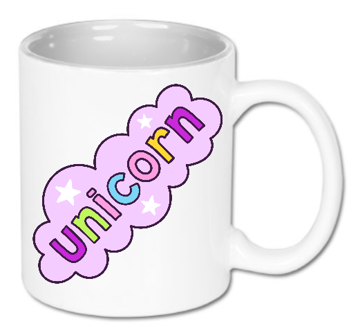 Kubek ceramiczny biały 330 ml Bavenna „Unicorn dream”  z kolorowym napisem jednorożec po angielsku w niebieskiej chmurce z białymi gwiazdkami