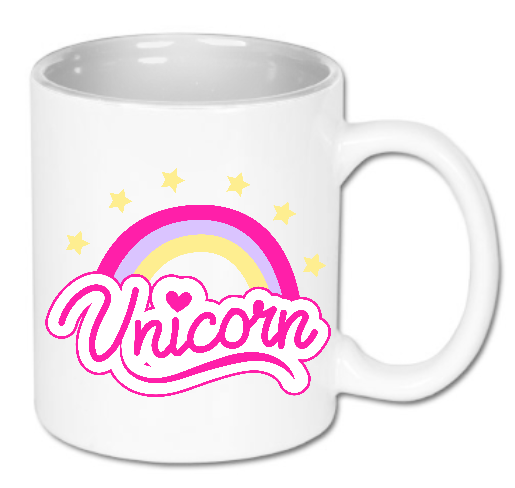 Kubek ceramiczny biały 330 ml Bavenna „Unicorn rainbow lettering” z napisem unicorn z sercem nad i, tęczą i gwiazdkami w tle