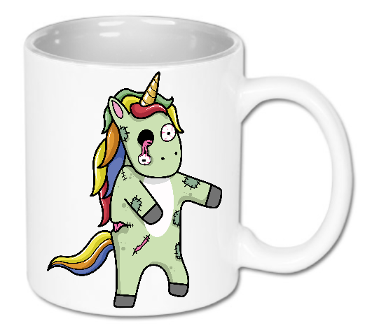 Kubek ceramiczny biały 330 ml Bavenna „Zombie unicorn” z szmacianym jednorożcem z wypadającym oczkiem wyglądającym jak zombie