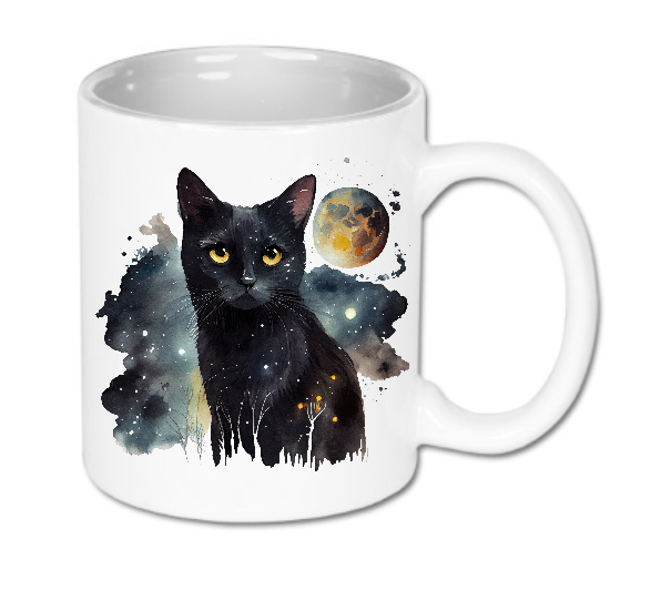 Kubek ceramiczny biały Bavenna z czarnym kotkiem i księżycem w tle