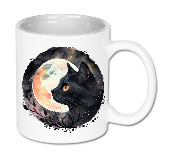 Kubek ceramiczny biały Bavenna z kotem w kolorze czarnym na tle księżyca