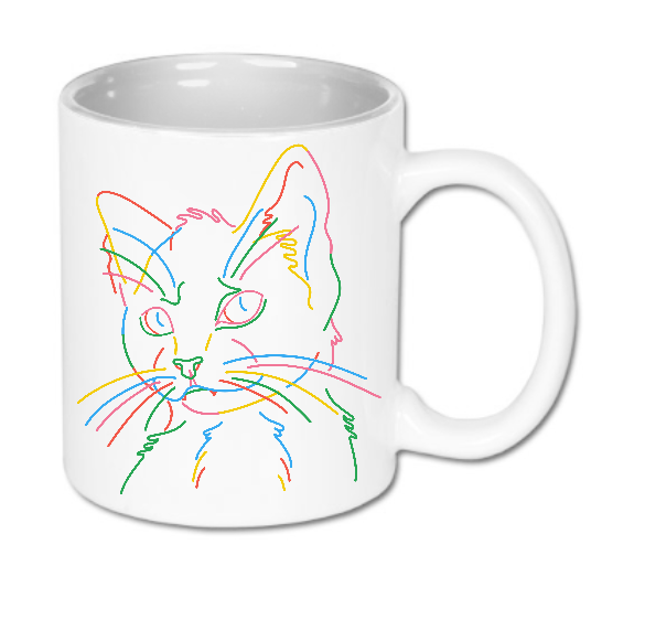 Kubek biały wykonany z ceramiki Bavenna z grafiką kolorowego kota wykonanego z kresek