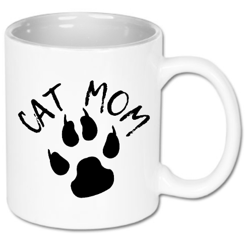 Kubek ceramiczny biały 330 ml Bavenna  „Cat Mom” z wizerunkiem kociej łapki i napisem 