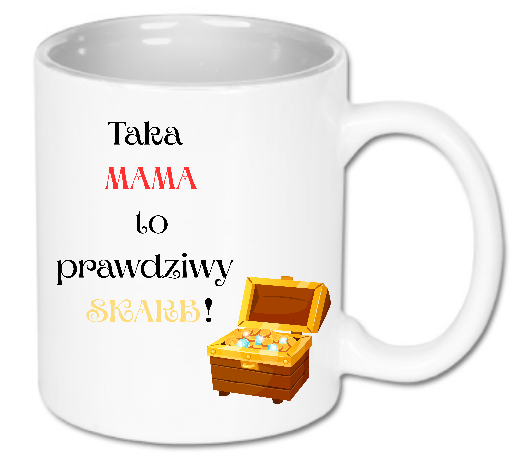 Kubek ceramiczny biały 330 ml Bavenna „Mama Skarb” z kolorowym napisem i skrzynią złota