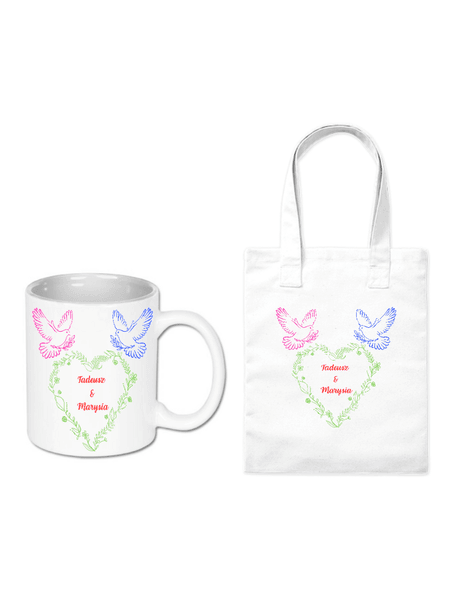 Zestaw kubek i torba Gołębie i Serce - Personalizowany | Bavenna
