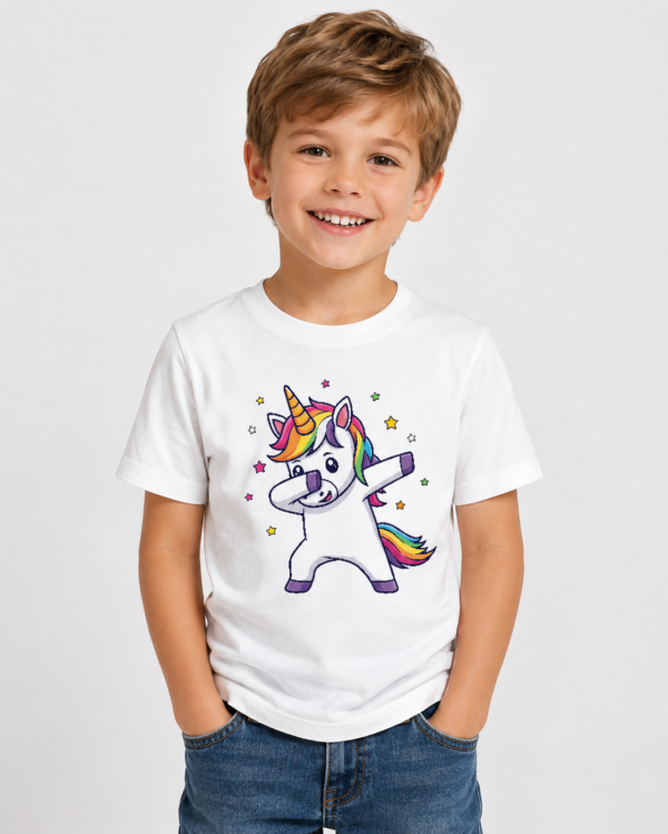 Dziecko w białej koszulce „Dabbing Unicorn” z nadrukiem jednorożca