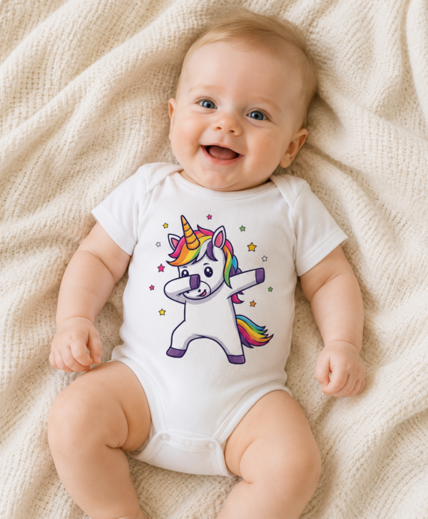 Niemowlę w czarnym body „Dabbing Unicorn” z kolorowym nadrukiem