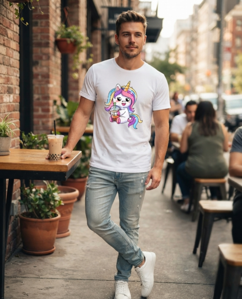 Model w białej koszulce bawełnianej Bavenna „Sweetie unicorn bubble tea”