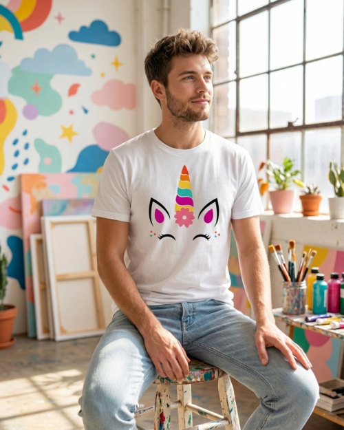 Model w białym t-shirtcie z wizerunkiem buźki jednorożca „Twinkle star unicorn” Bavenna
