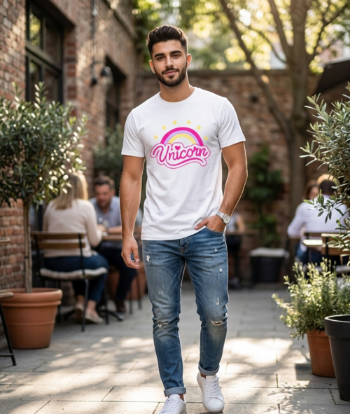 Model w białej koszulce męskiej Bavenna „Unicorn rainbow lettering” 