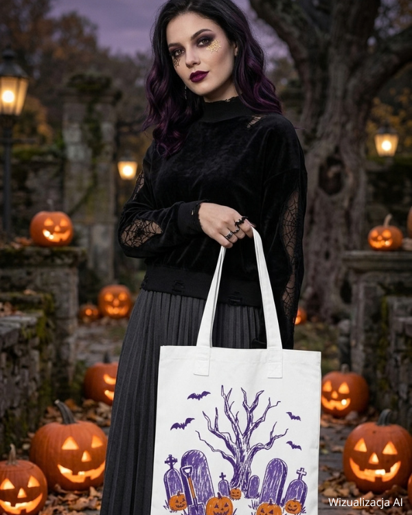 Wizualizacja modelki z białą torbą upiorny cmentarz na halloween