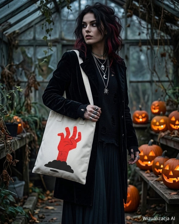 Modelka z białą torbą bawełnianą „Dłoń zombie” na Halloween