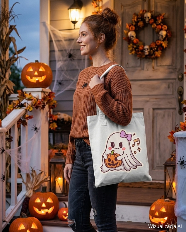 Modelka z białą torbą bawełnianą „Duszek z dynią” na Halloween