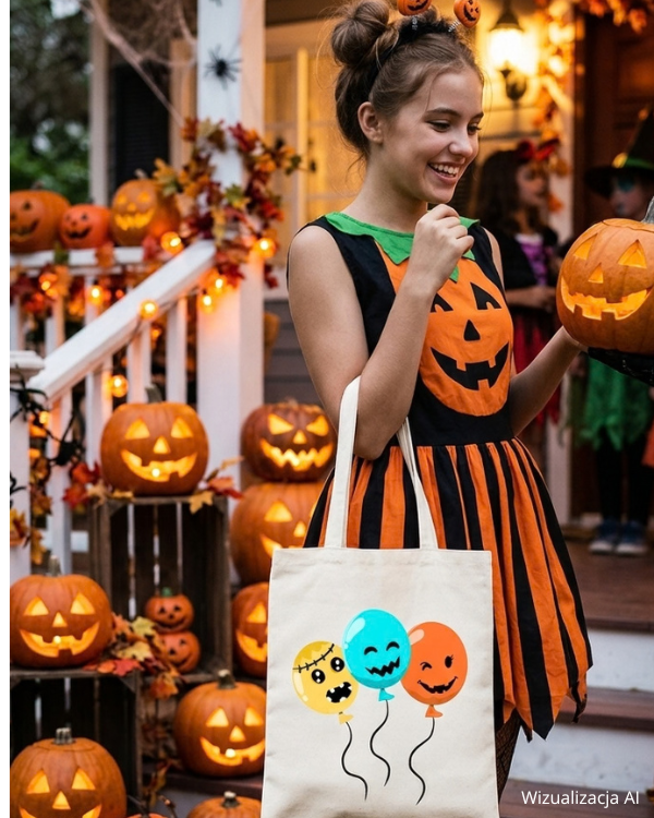 Modelka z białą torbą bawełnianą „Halloweenowe balony” na Halloween
