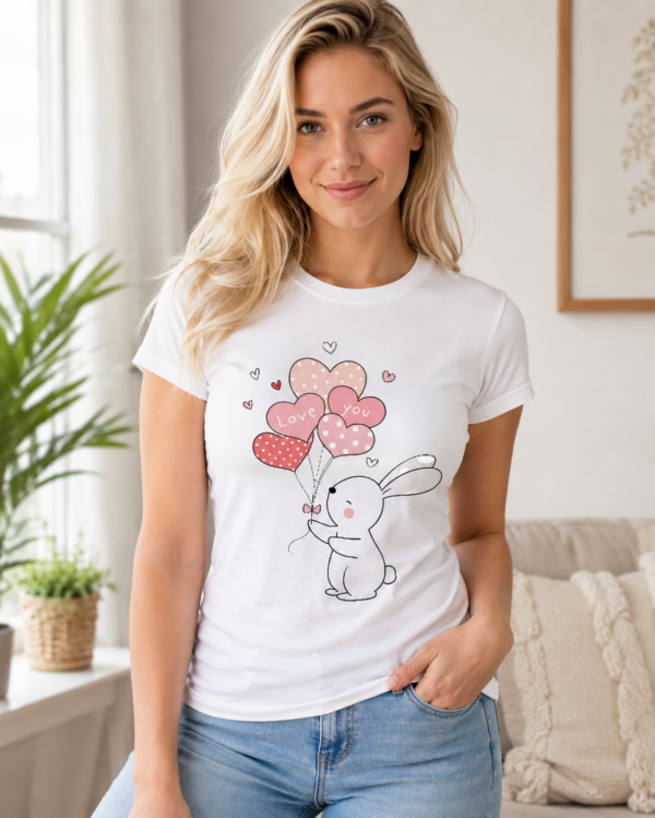 Modelka w białej koszulce damskiej „Królik z balonami Love You”
