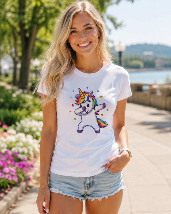 Modelka w białej koszulce damskiej „Dabbing Unicorn”