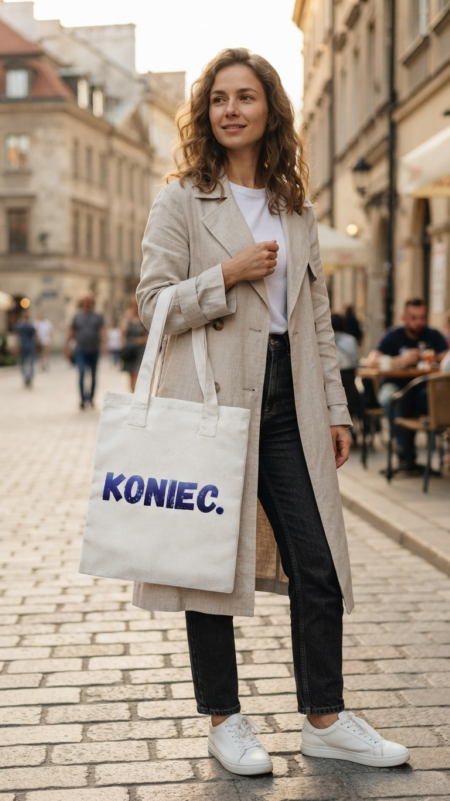 Modelka z przewieszoną torbą bawełnianą Bavenna „Koniec.” w kolorze białym 