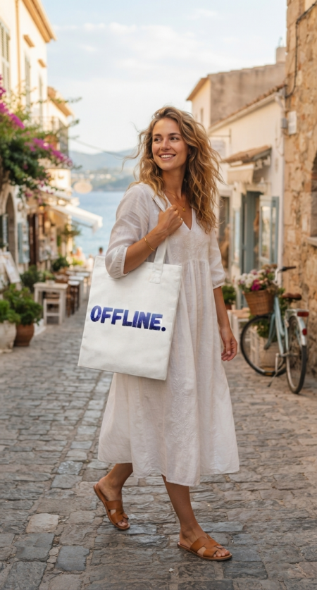 Modelka z torbą na zakupy na ramieniu z napisem Offline Bavenna „Offline.” w kolorze biały