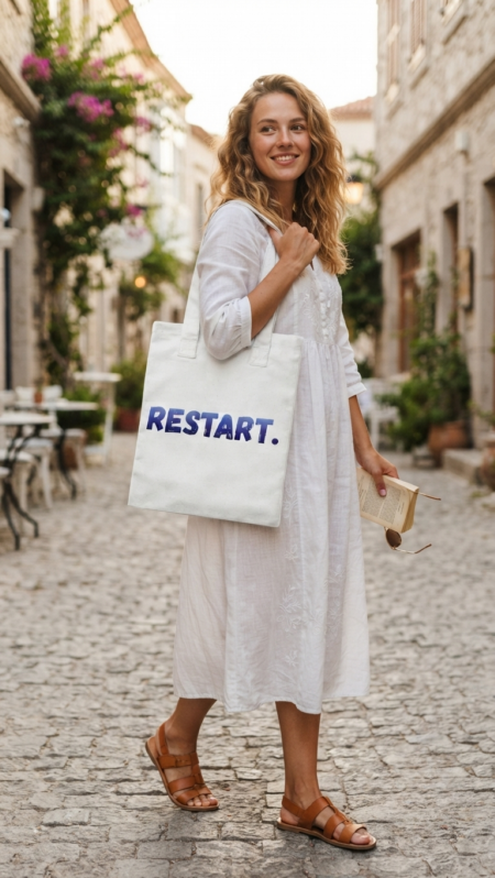 Zdjęcie modelki z torbą bawełnianą Bavenna na barku z napisem „Restart.” w kolorze białym