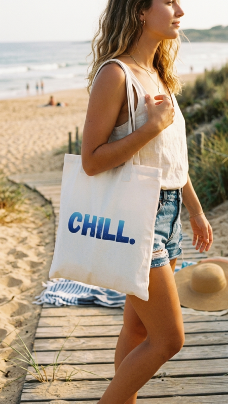 Zdjęcie modelki z torbą bawełnianą Bavenna 220 g  „Chill.” w kolorze białym