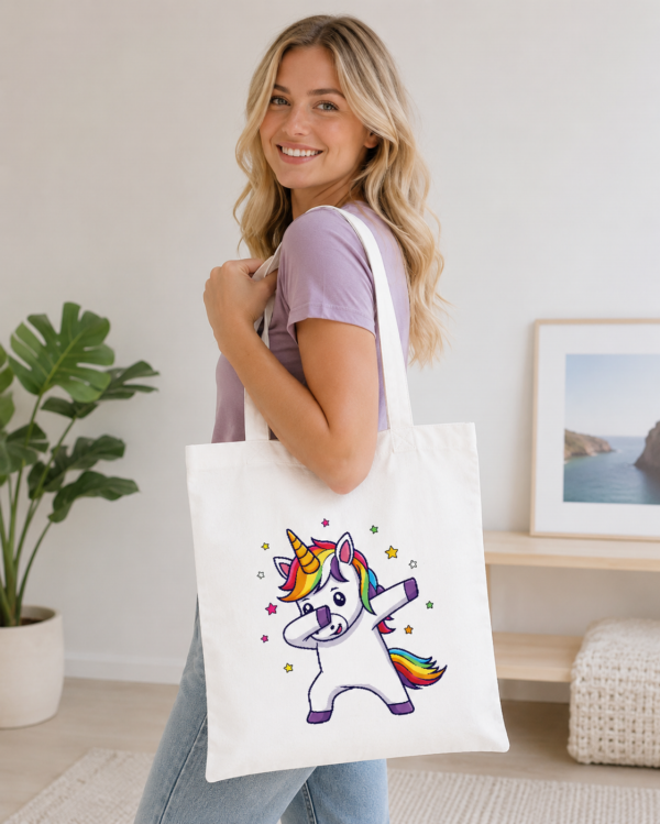 Osoba z białą torbą bawełnianą „Dabbing Unicorn” na ramieniu