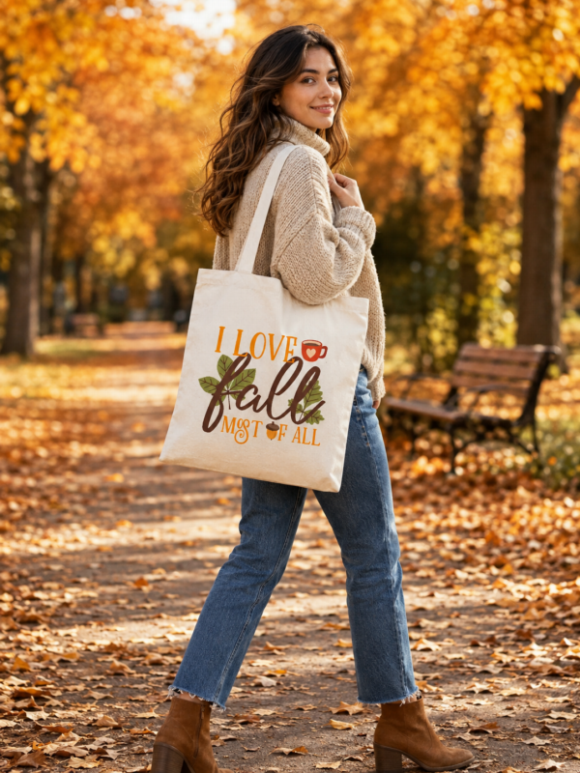 Modelka z białą torbą „I Love Fall Most of All” w jesiennej stylizacji