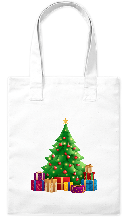 Ekologiczna torba z grubej bawełny 220 g Bavenna „Choinka z prezentami” z wizerunkiem choinki i dużo prezentów