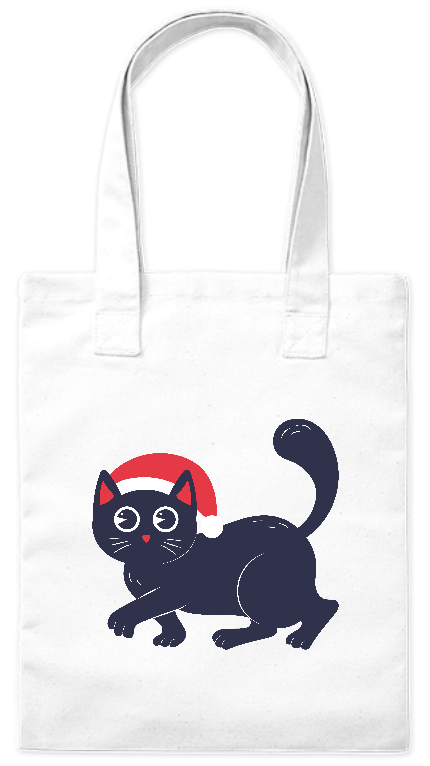 Torba z grubej bawełny Bavenna „Czarny kot w czapce Mikołaja” z czarnym kotem ubranym w czapkę 