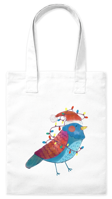 Torba bawełniana eko 220 g Bavenna „Gołąb z lampkami” z wizerunkiem gołębia w czapce mikołaja i lampkami