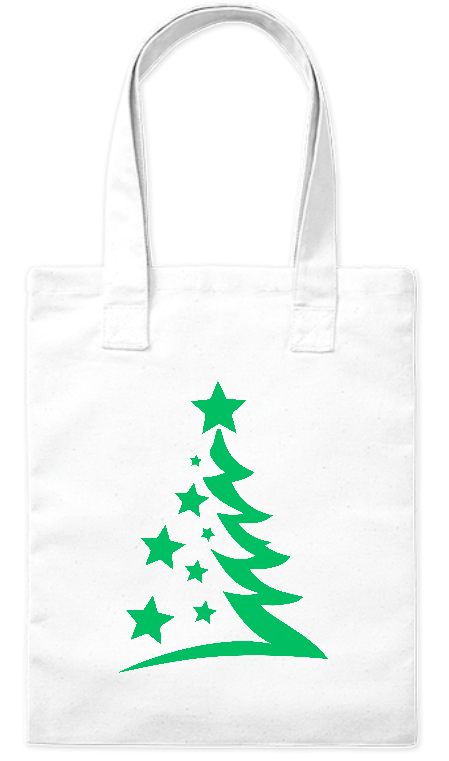 Ekologiczna torebka z grubej bawełny 220 g Bavenna „Gwiazdkowa choinka” z zielona choinką z gwiazdkami