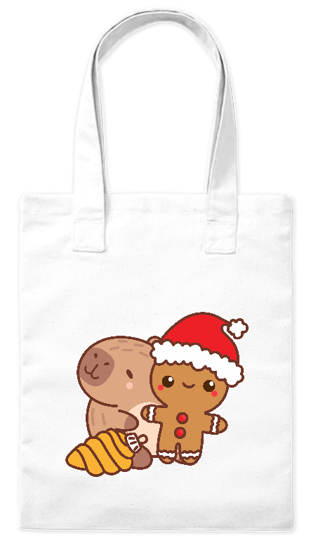 Ekologiczna torebka z grubej bawełny 220 g Bavenna „Kapibara i pierniczek” z kapibarą trzymającą ludzikowego pierniczka w świątecznej czapce