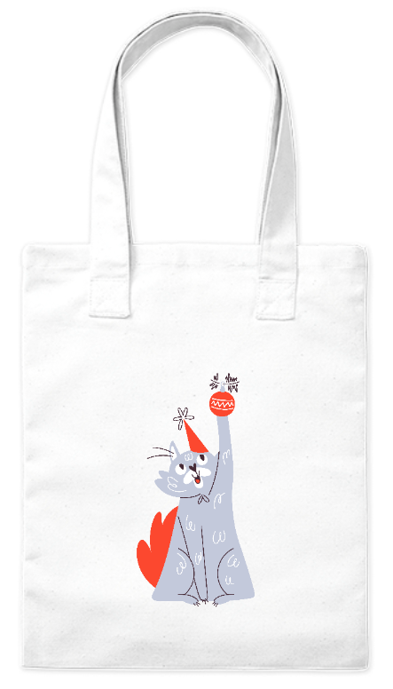 Torba z grubej bawełny z trwałym nadrukiem Bavenna „Kot i bombka” z wizerunkiem kota strącającego bombkę