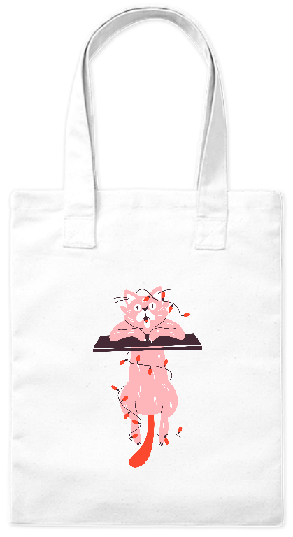 Torba bawełniana 220 g Bavenna „Kot w lampkach” z kotem wiszącym na półce owiniętym w lampki