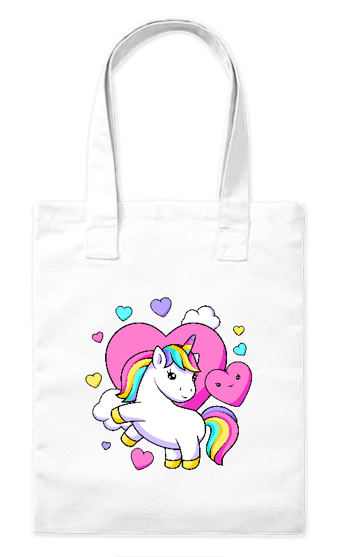 Torba bawełniana eko Bavenna z nadrukiem jednorożec z serduszkami z przewagą różu