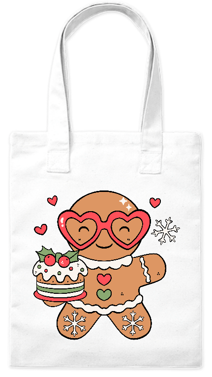 Torba bawełniana ekologiczna 220 g Bavenna „Pierniczek w okularach” z pierniczkiem w okularach i ciastem świątecznym